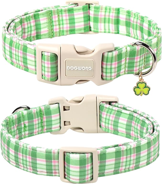 DOGWONG Pink Plaid Adjustable Pet Collar Comfortable Spring Summer Puppy Collar Cute Cotton Collars Durable Necklace Gift for Small Dogs,M