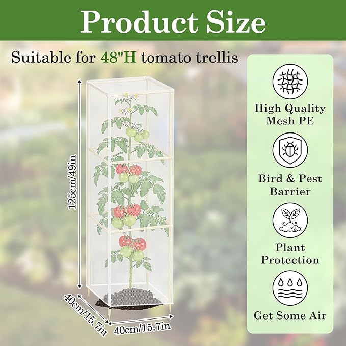 Klmnop 3 Pcs Tomato Cage Cover, Bird Netting for Square Tomato Cage, 15.7" x 15.7" x 49" Plant Cover with Zipper & Drawstring, Garden Bird Barrier Protection for Tomato Plants(Cover Only, White)