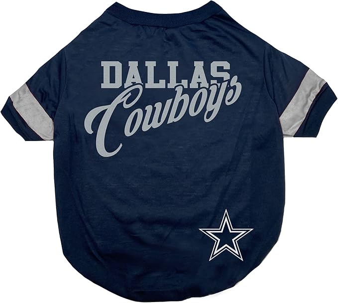 Pets First NFL Dallas Cowboys Dog & Cat T-Shirt, Small. Football Pet Shirt with Team Name & Logo, Striped Sleeves, Poly-cotton Material, Machine Washable
