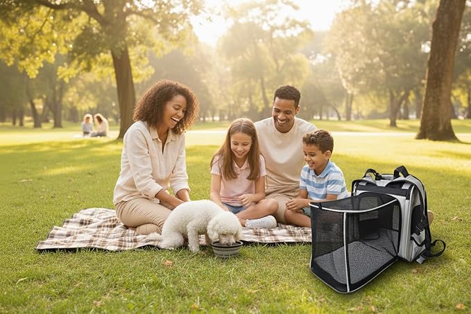 Expandable Pet Backpack Carrier – Dog & Cat, Bonus 2 Collapsible Pet Bowls, Travel Bag with 4-Way Entry, Mesh Windows, Storage Pockets, Secure Zippers, Washable Cushion