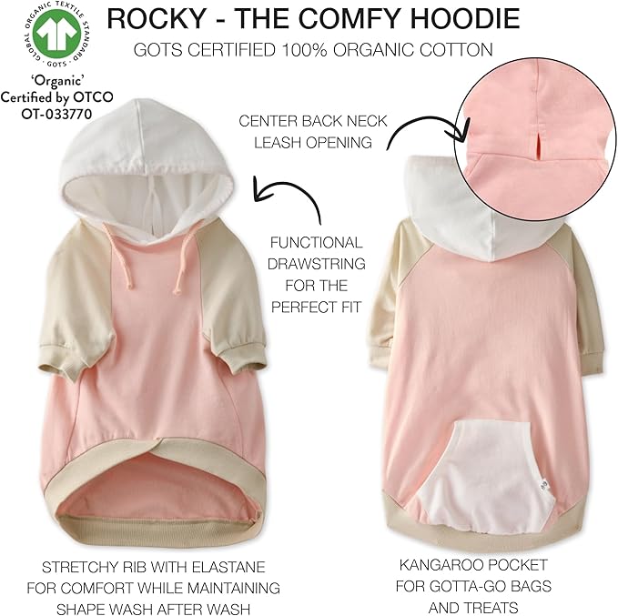 Rocky – The Orginal Lightweight Hooded TEE 100% Organic Cotton Dog Hoodie Pet Coat Sweater for Small, Medium, Large Dogs, Pink Color Block, Medium