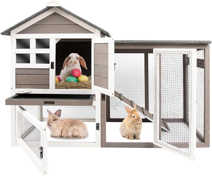 PetsCosset Rabbit Hutch Indoor Outdoor Rabbit Cages with Pull Out Tray Large Bunny Hutch Indoor Guinea Pig Cages Waterproof Asphalt Roof