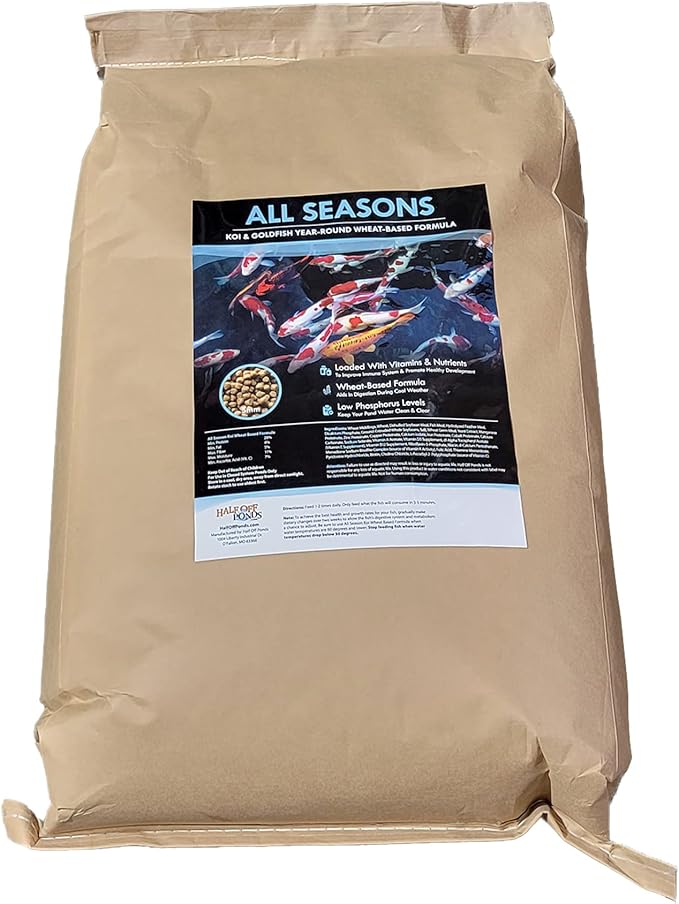 HALF OFF PONDS All Seasons Koi Fish Food - 50 lb Floating Pellets, 5mm Size - Goldfish Food for Ponds - 28% Protein with Wheat Germ & Vitamins - Ideal for Year-Round Feeding & Water Clarity
