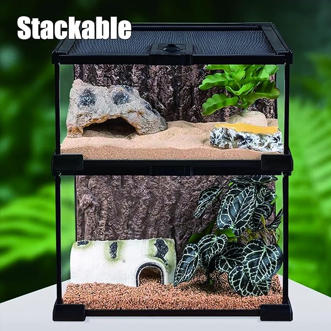 Reptile Terrarium Tank, Glass Reptile Vivarium, Sliding Mesh Cover, for Lizards, Horned Frogs, Snakes, Spiders, Turtle (L,10Gal (20"x12"x9.8"))