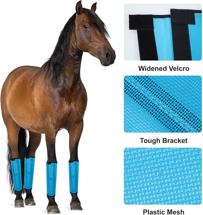 FOXLVDA Horse Fly Boots - Fly Boots for Horses Set of 4, Comfortable Horse Leggings, Mesh Material Design with Metal Support Bars for Reduces Stomping & Leg Fatigue (Blue, Large)