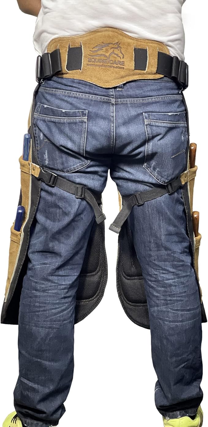 Equine Care Farrier Apron Chaps – Cowhide Suede Leather & Canvas, Adjustable Waist 28"-52" with Back Support, Tool Pockets & Nail Magnets – 23", 25", 27", 29" for Horse Shoeing (23 inches (59 cm))