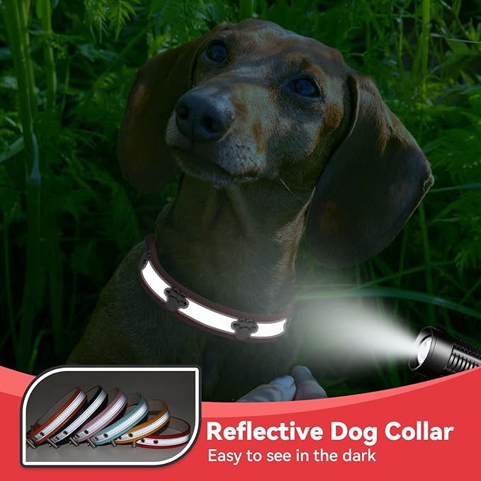 PETCARE Reflective Dog Collar with Cute Paw Rivet Studded Funny Soft PU Leather Adjustable Puppy Dog Collars for Small Medium Large Dogs Cats (Red,X-Large)