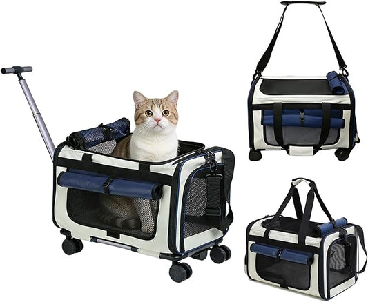Expandable Pet Carrier with Wheels for Small Dogs and Cats,Airline Approved Rolling Cat Carrier with Removable Platform,18”X11”X14”,Foldable Soft-Sided Travel Bag Fits Under Seat,Up to 16 lbs(Blue)