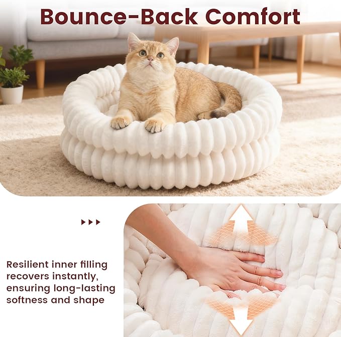 Fluffy Cat Beds for Indoor Cats, Washable Round Orthopedic Kitten Bed, Ultimate Soft Fuzzy Pet Bed for Small Dogs with Non-Slip Bottom, 19.7x19.7x6.3 in, White