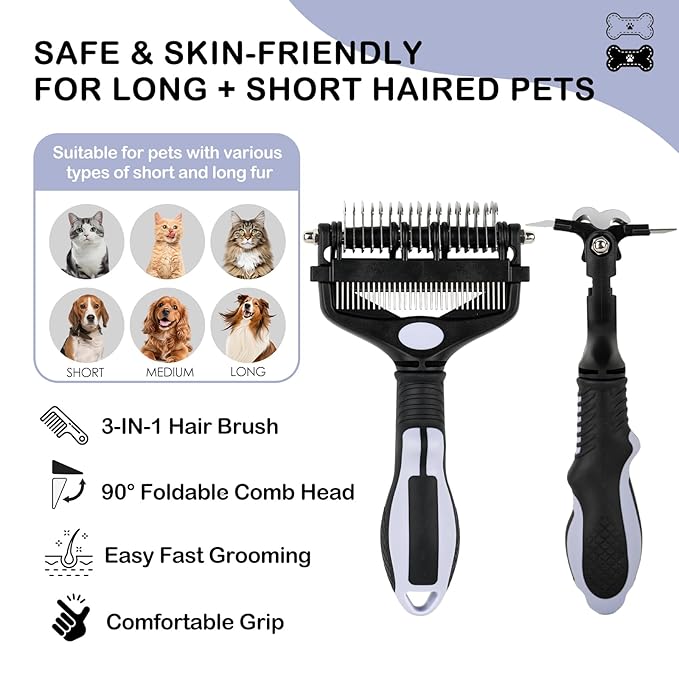 3-IN-1 Pet Deshedding and Grooming Tool, Grooming Brush for Dogs and Cats with Undercoat Rake & Dematting Comb for Matted Fur Removal Long and Short Haired Dogs Cats