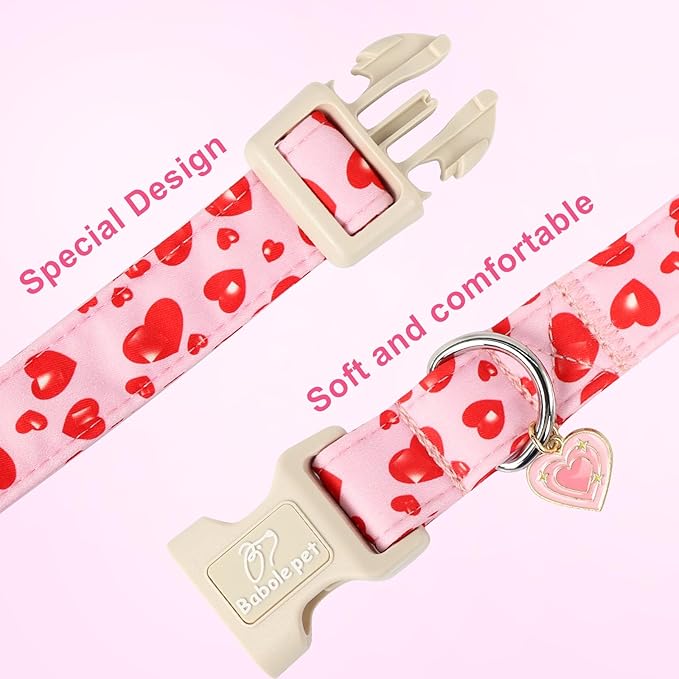 Valentines Dog Collar, Cute Pink Dog Collar with Red Heart Printed, Comfortable Girl Puppy Collar with Quick Release Plastic Buckle, Small