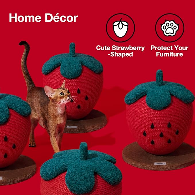 VETRESKA Strawberry Cat Scratching Post, Cute Cat Scratcher with Sisal Rope, Vertical Cat Scratch Post for Indoor Cat and Kitten, Ring Paper Strawberry Leaves Attract Cats