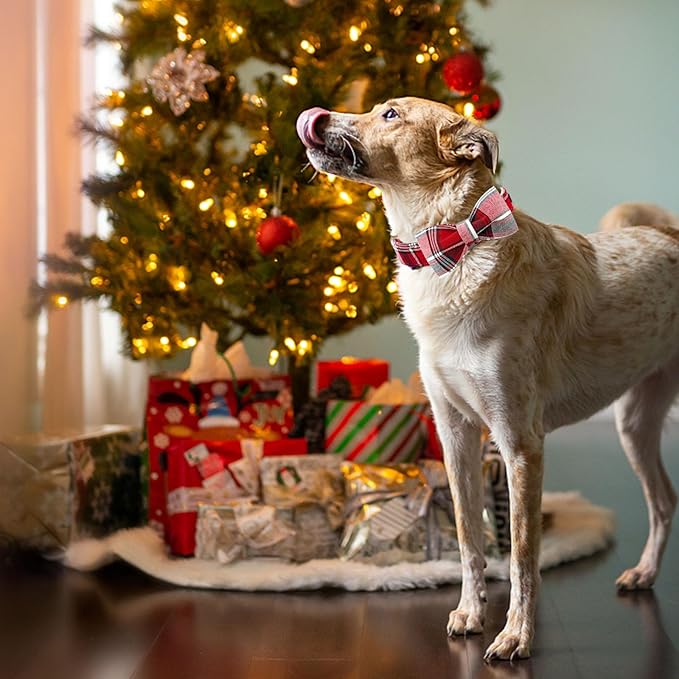 Dog Collar, Christmas Dog Collar Plaid Pet Collar Bow Holiday Bows Girl Boy Puppy Collar Adjustable Pet Collar for Small Dogs