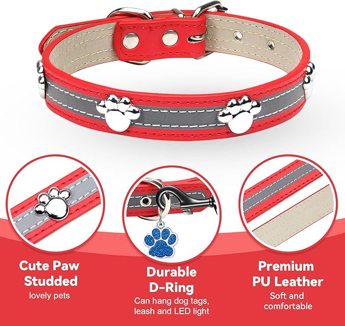 PETCARE Reflective Dog Collar with Cute Paw Rivet Studded Funny Soft PU Leather Adjustable Puppy Dog Collars for Small Medium Large Dogs Cats (Red,Medium)