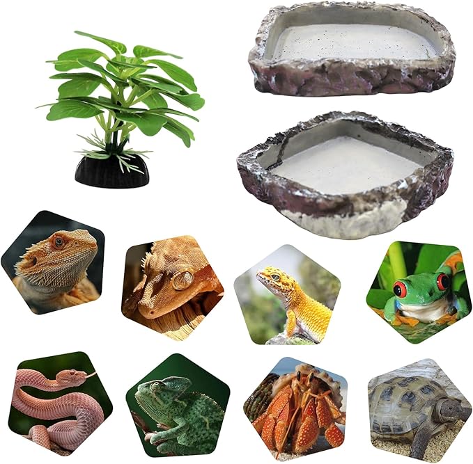 Bearded Dragon Accessories, 2 Pack Reptile Bowl for Feeding and 1 Artificial Plant Decor, Aquarium Habitat Decoration Set for Bearded Dragon, Gecko, Tortoise, Snake, Frog, Other Small Reptile