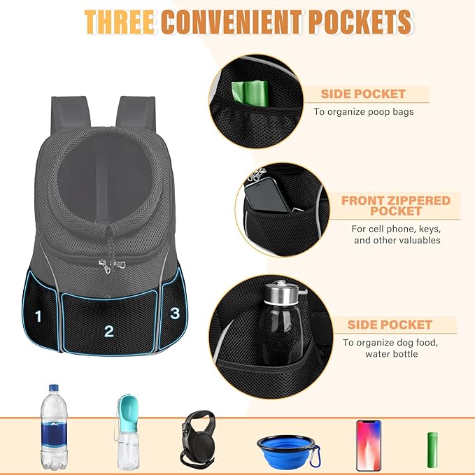 YUDODO Dog Front Carrier Backpack, Adjustable Breathable Pet Carrier for Small Dogs, Ventilated Puppy Back Pack with Safety Belt, Lightweight Doggy Backpack for Hiking Outdoor(Jet Black, L:9-13.5 lbs)