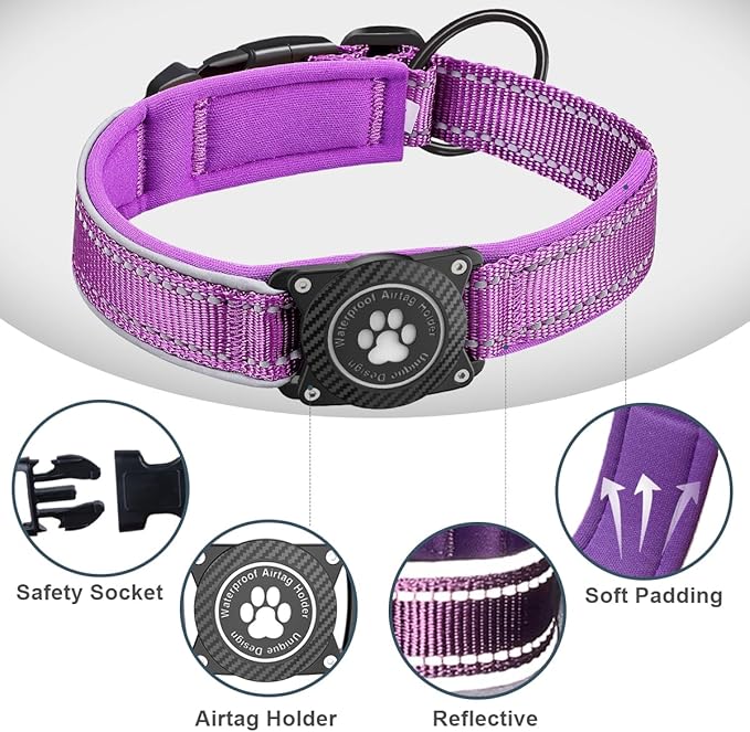 Airtag Dog Collar with Waterproof Air Tag Holder, Luminous Reflective, Soft Padded, Adjustable Nylon Pet Collar for Small Medium Large Heavy Duty Dogs,Purple, M