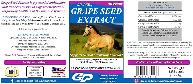 SU-PER Grape Seed Extract Horse Antioxidant - Equine Antioxidant Supplement for Performance Horses - Supports Circulation Respiratory Health & Immune System - 2.5 Pounds, (2 Pack)