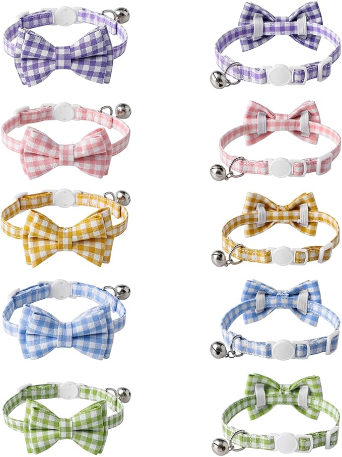 AIITLE Breakaway Cat Collar with Cute Bow Tie and Bell, Detachable Adjustable Safety Collars for Girl Cats and Boy Cats, Kittens, Puppy, Soft Stylish Plaid Patterns Cat Collars,Pink