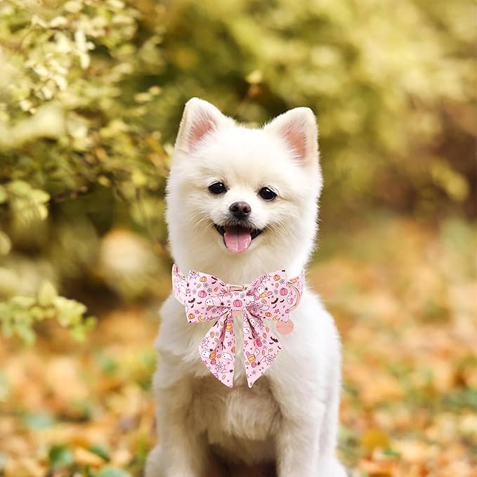 Halloween Dog Collar with Flower, Pink Halloween Puppy Flower Collar with Adjustable Metal Buckle,Fancy Halloween Dog Collar Bowtie Gift for Girl Boy Dog,M