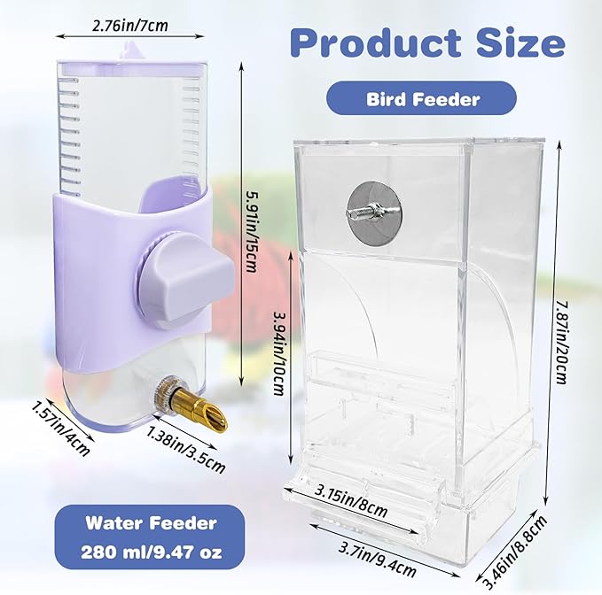 PINVNBY No Mess Bird Feeder & Water Dispenser Set Automatic Parrot Feeder Transparent Food Container Drinker Parakeet Cage Accessories for Cockatiel Budgie Lovebird Finch (Purple)