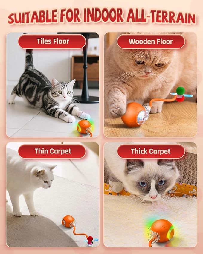 Interactive Cat Toys for Indoor Cats, 2025 Upgraded 360° Anti-chew Safe Material Moving Cat Ball with Tail, Interactive Cat Toys for Bored Indoor Adult Cats to Keep Them Busy (Orange, 2.2in)
