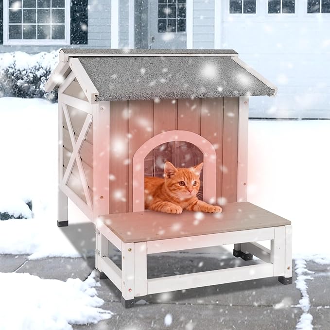 Small Insulated Cat House, Wood Outdoor Cat House Weatherproof with Cat Scratching Cloth, 2 Doors, Balcony, Outside Indoor Clawsable Pet Houses Feral Cats Shelter for Winter, Grey