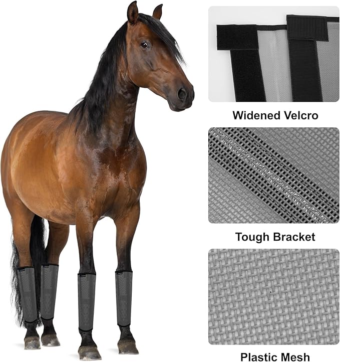 FOXLVDA Horse Fly Boots - Fly Boots for Horses Set of 4, Comfortable Horse Leggings, Mesh Material Design with Metal Support Bars for Reduces Stomping & Leg Fatigue (Dark Gray, Medium)