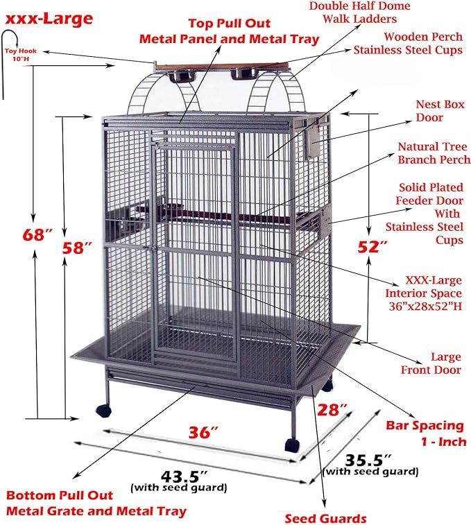 XX-Large Castle PlayTop Parrot Cage for Large Macaws Cockatoos African Grey Amazon (36" W x 28" D x 68" H)