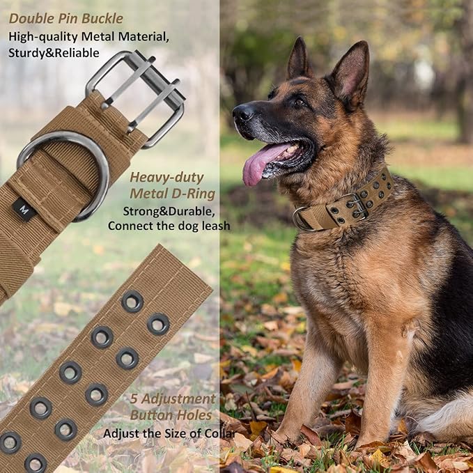Tactical Dog Collar with Handle, Military Adjustable Heavy Duty Metal Buckle Dog Collars Soft Nylon Training Collar for Medium Large Dogs (Brown, Medium)