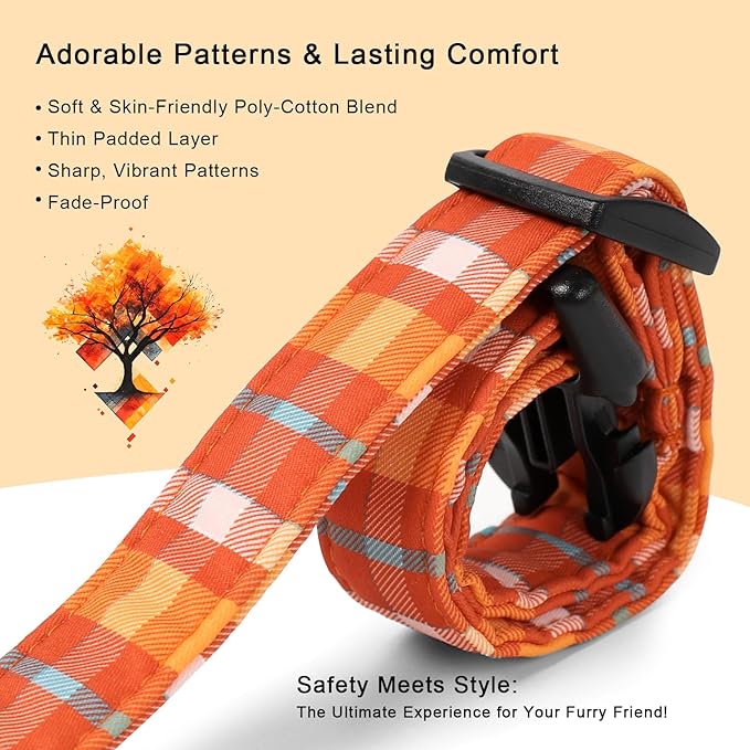 Fall Dog Collar Cute Orange Plaid Puppy Collar - Light Comfortable Adjustable Pet Collars for Small Medium Large Girl Boy Dogs L