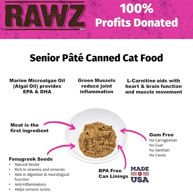 Rawz Natural Premium Pate Canned Cat Wet Food - Made with Real Meat Ingredients No BPA or Gums - 5.5oz Cans 24 Count (Chicken & Green Mussels for Seniors)