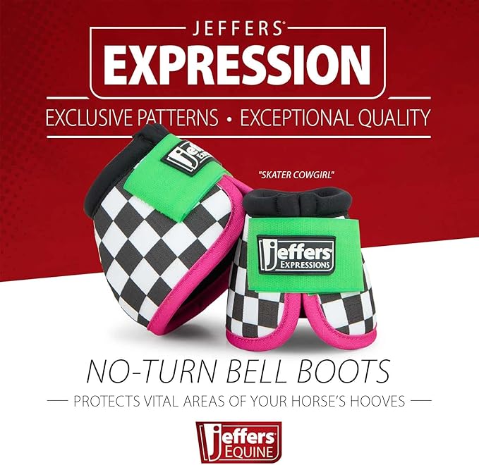 Jeffers Expression No Turn Bell Boots for Horses - Skater Cowgirl, Medium | Shock Absorbing Hoof Protection | Secure Double Hook & Loop Closure, Perfect for Turnout, Training, & Riding - 1 Pair