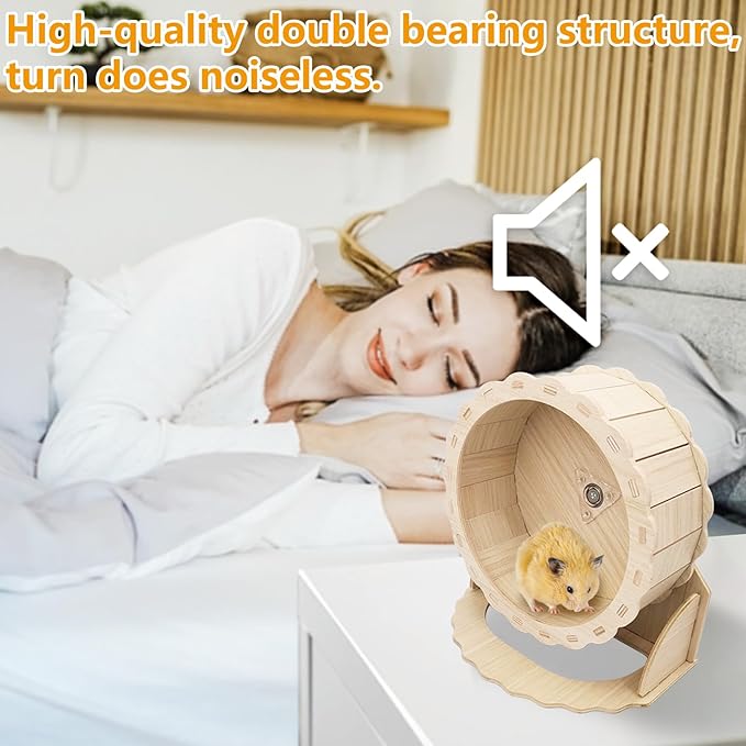Hamiledyi Wooden Hamster Wheel, Small Pets Exercise Wheel, Silent Running Wheel for Gerbil, Mice, Guinea Pigs, Dwarf Syrian Hamster (5.9in)