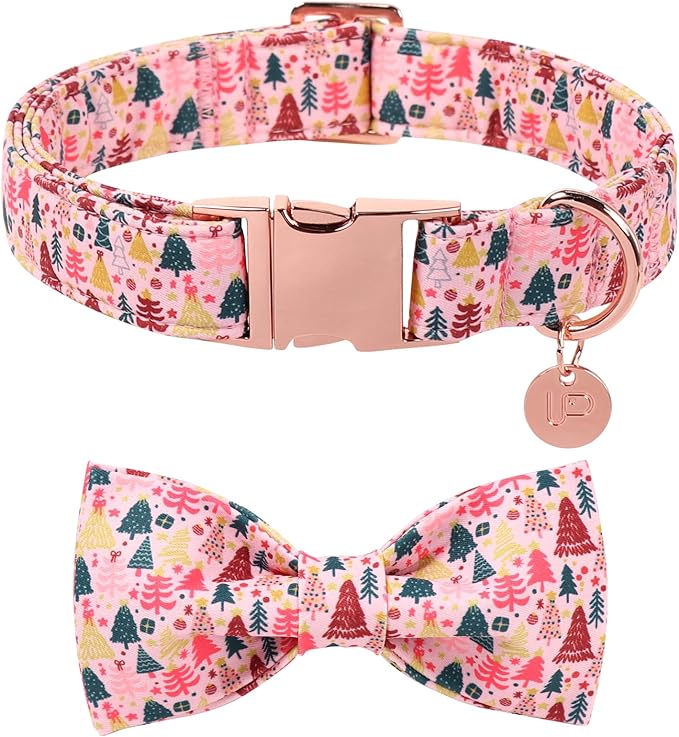Christmas Dog Collar with Bow Tie, Pink Christmas Tree Collars for Dogs, Adjustable Pet Collar with Cute Xmas Tree Pendant, Winter Dog Accessories for Small Medium Large Dogs S
