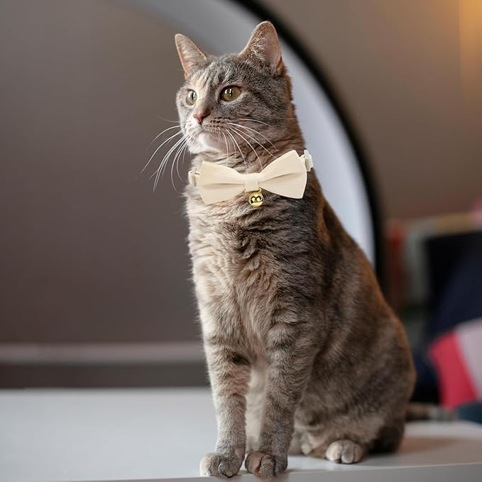 Cotton Breakaway Cat Collar with Bow Tie and Bell, Adjustable Cute Soft Corduroy Kitten Collars for Girl and Boy Cats
