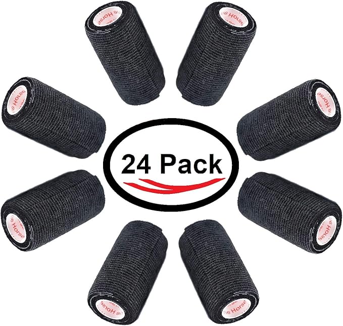 3 Inch Vet Wrap Tape Bulk (Black) (Pack of 24) Self Adhesive Adherent Adhering Flex Bandage Grip Roll for Dog Cat Pet Horse