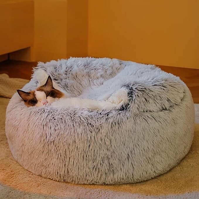 Plush Fluffy Dog and Cats Round Bed – Ultra-Soft Faux Fur Pet Shell Nest with Raised Bolster Edge, Self-Warming Calming Nest for Small to Large Pets (Gray, Large（26”）)