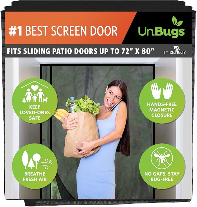 UnBugs Magnetic Screen Door - Fits Patio Door & Sliding Doors up to 72 x 80 Inches MAX - Pet & Kid Friendly, Self-Closing - Hands Free Magnet Closure Keeps Bugs Out & Breeze in