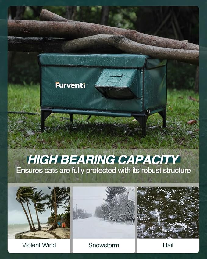 Outdoor Heated Cat House in Winter,Extremely Insulated & Weatherproof,Elevated Feral Cat Shelter with Waterproof Eaves & Escape Door for Outside Stray Barn Cat (Dark Green,S.)
