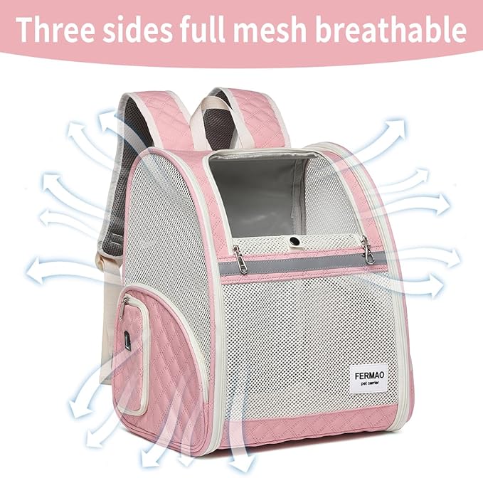 Cat Backpack Carrier for Small Dogs and Medium cat Puppy Kitten Bunny Pet Carrier Backpack Collapsible with Fully Ventilated Mesh with Safety Leash (Pink, 12.9" L x 10.62" W x 15.5" H - M)