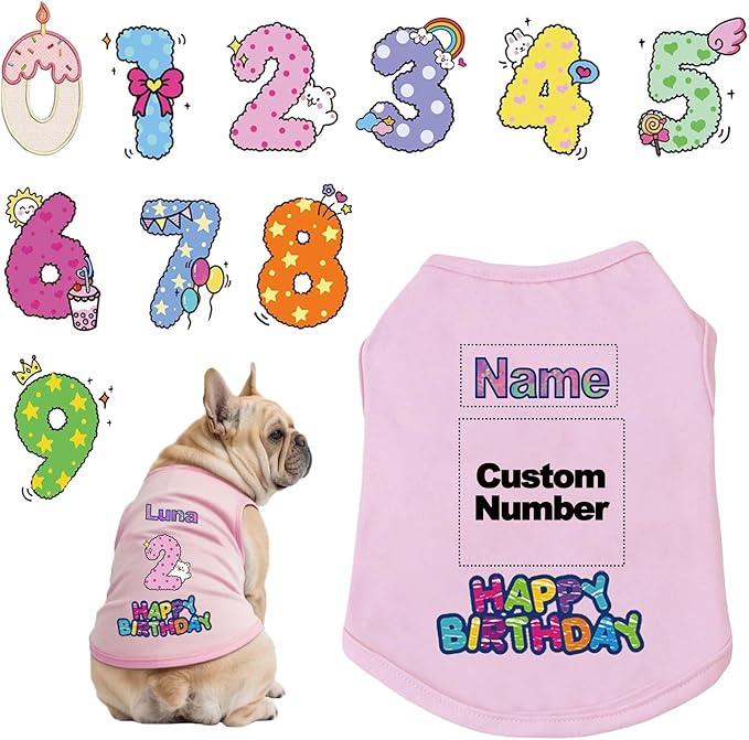 Custom Dog Birthday Shirt,Personalized Pet Apparel Print with Name Age Number,Pet Birthday Outfit,Lightweight Breathable Cotton Vest for Small Medium Large Dogs Cat (Pink, 8X-Large)