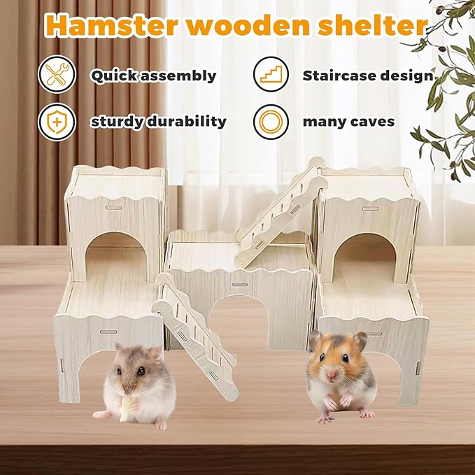 Wooden Dwarf Hamster House, Hamster Tiny House Hideout, Hamster Maze House, Large Balcony Lookout Holes, Easy to Assemble, Detachable Parts, Secure Hideaway, F
