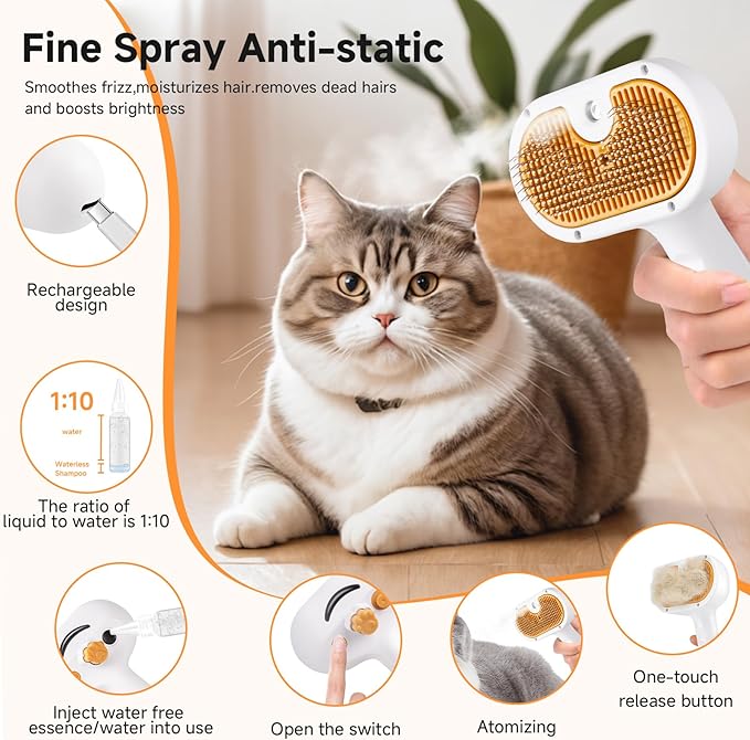 Pet Steam Brush for Dog & Cat – 3-in-1 Spray Hair Removal Comb – Steam Brush for Shedding & Grooming –Spritz Defur Comb–Includes Waterless Shampoo & Eye Wipes