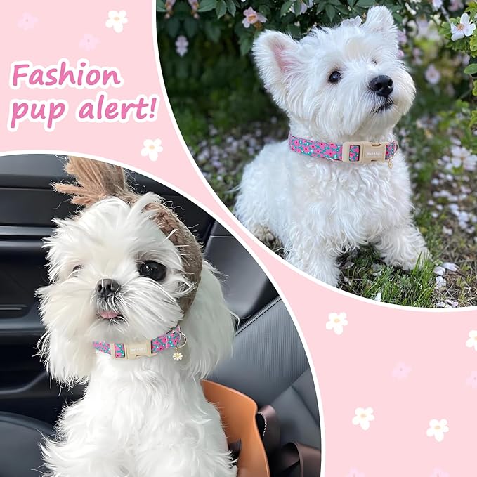 Cotton Floral Dog Collar,Green Dog Collar with Pink Flower, Adjustable Puppy Dog Collars for Small Medium Large, Cute Girl or Boy Dog Collar Ideal for Gifts,Pet Accessory,XS