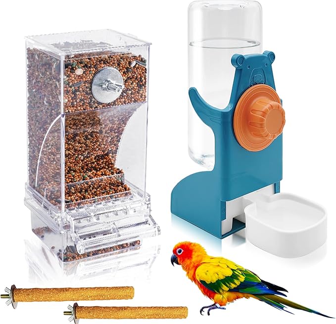 VCEPJH No Mess Bird Feeder with Water Dispenser, Automatic Parrot Feeder Drinker Parakeet Seed Dispenser Food Container with Cage Perch for Lovebirds Conures Budgies Canary Finch (4Pcs)