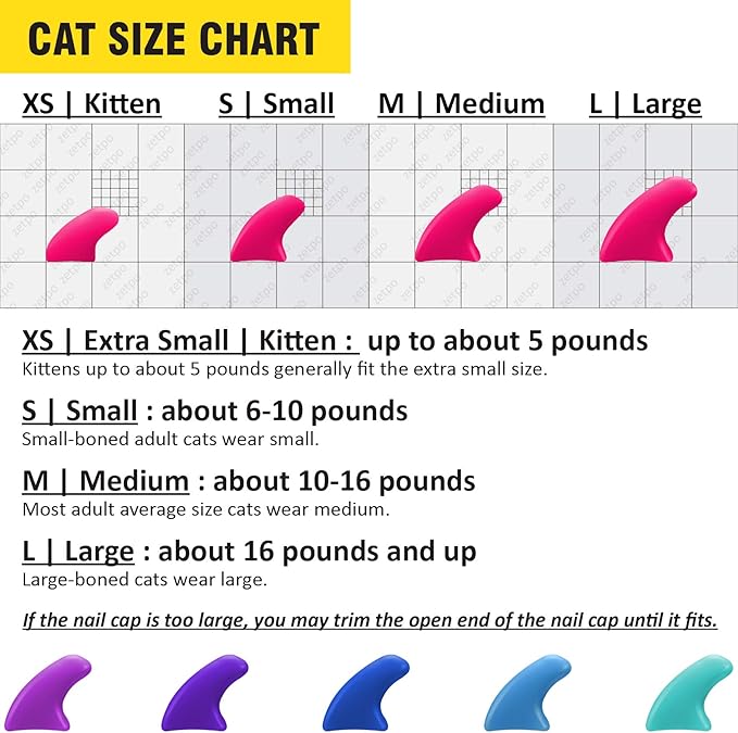 zetpo 100 pcs Cat Nail Caps | Cat Claw Covers | with Adhesives and Applicators (XS, Purple, Violet, Blue, Sky Blue, Turquoise)