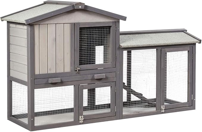 Tangkula Rabbit Hutch Indoor and Outdoor, 58-Inch Bunny Cage with Removable Tray & Ramp, Wood Chicken Coop with Waterproof Roof for Rabbits, Chicken and Guinea Pigs (Gray)
