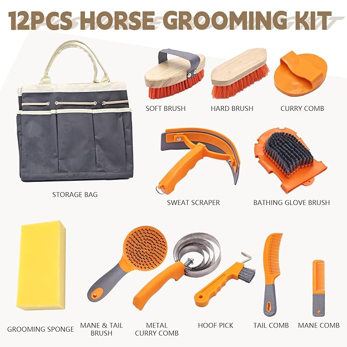 Horse Grooming Kit, Grooming Supplies Includes Horse Brushes and Handbag, Brush Set, Curry Comb, Hoof Pick, Sweat Scraper, Sponge Etc., Suitable Gifts for Riding Enthusiasts Lovers