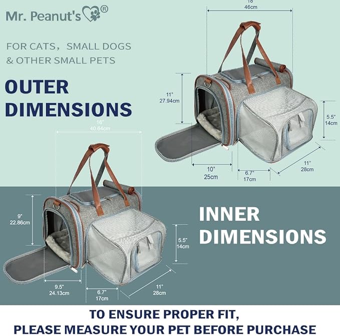 Mr. Peanut's Expandable Airline Approved Soft Sided Pet Carrier, Low Profile Gold Series Tote, Premium Brand Self Locking Zippers, Plush Faux Fleece Bedding with a Sturdy Composite Base